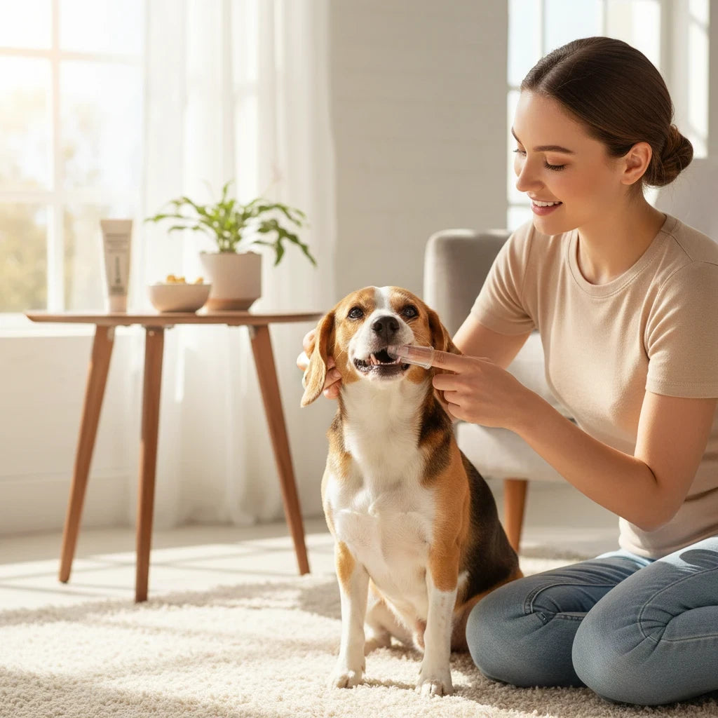 Tailora soft silicone finger toothbrush being used by a woman to gently clean the teeth of a beagle dog at home