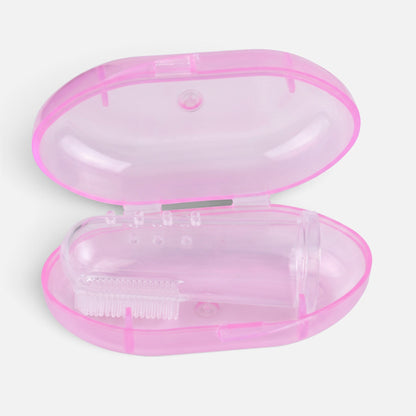 Tailora soft silicone finger toothbrush for pets with dual-sided bristles in a pink protective storage case