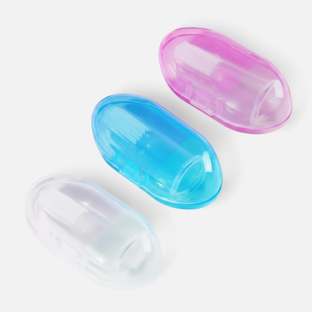 Tailora soft silicone finger toothbrushes in clear, blue, and pink with protective cases for pet dental care