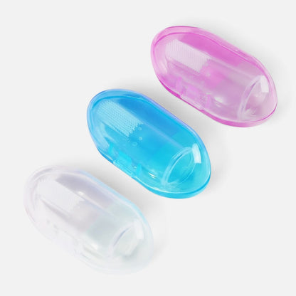 Tailora soft silicone finger toothbrushes in clear, blue, and pink with protective cases for pet dental care