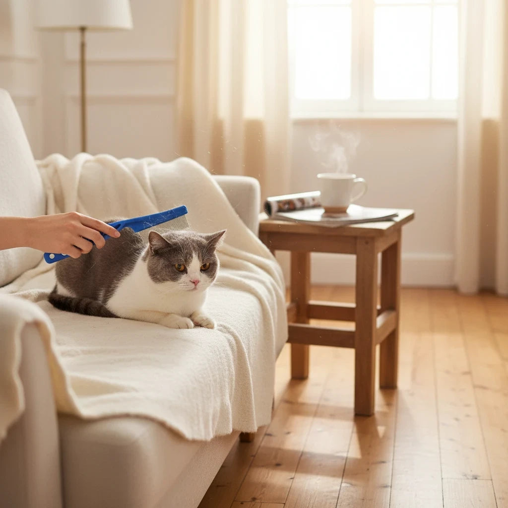 Tailora stainless steel flea comb grooming a grey and white cat on a beige sofa in a bright living room.