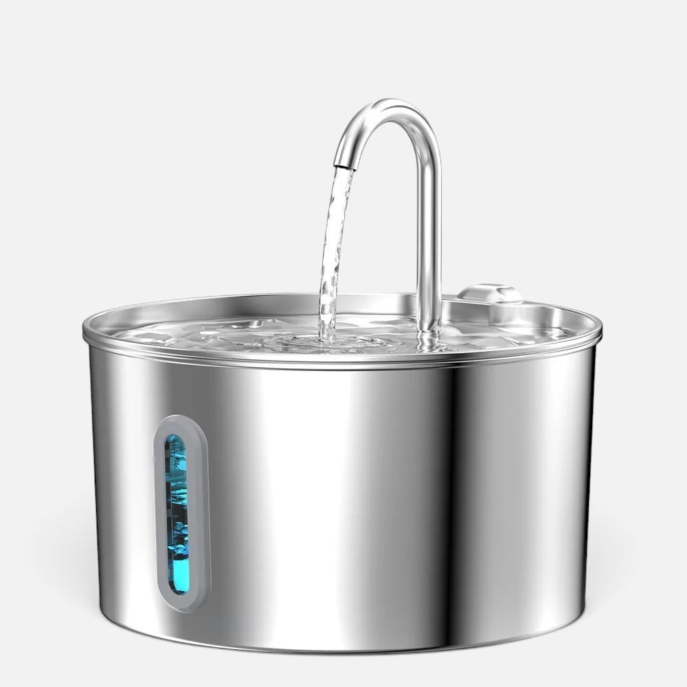 Tailora stainless steel pet water fountain with a flowing faucet and blue LED water level indicator window.