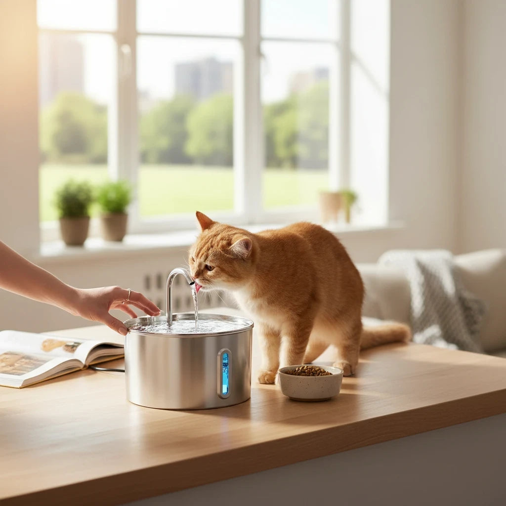 Tailora stainless steel pet water fountain with motion sensor, providing fresh flowing water for a ginger cat