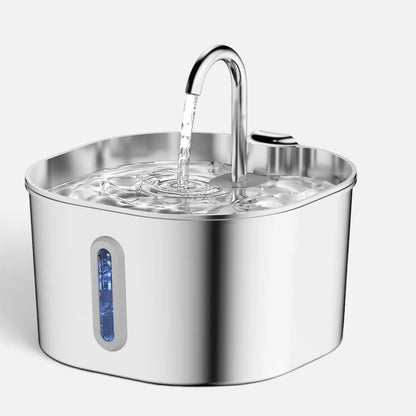 Tailora stainless steel pet water fountain with a faucet spout and blue LED water level indicator window