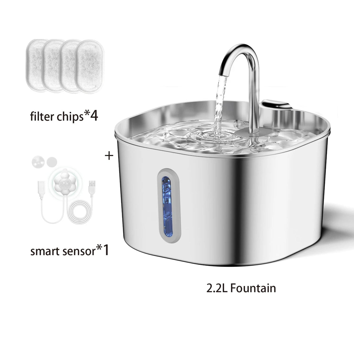 Tailora 2.2L stainless steel pet water fountain with smart motion sensor, faucet, and four replacement filter chips