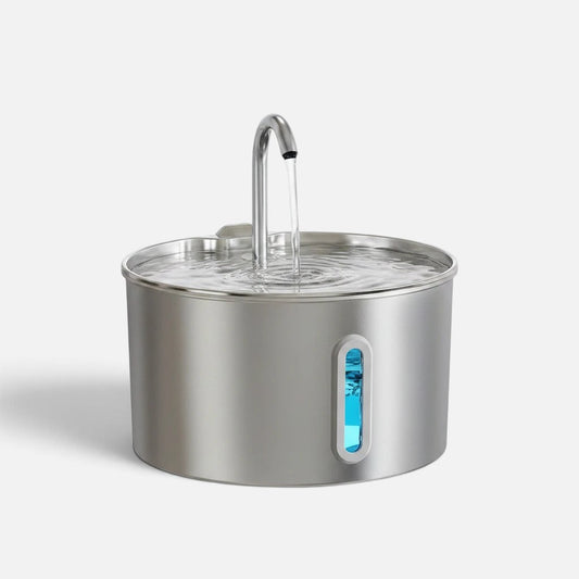 Tailora stainless steel pet water fountain with a faucet and blue water level indicator light on a white background.