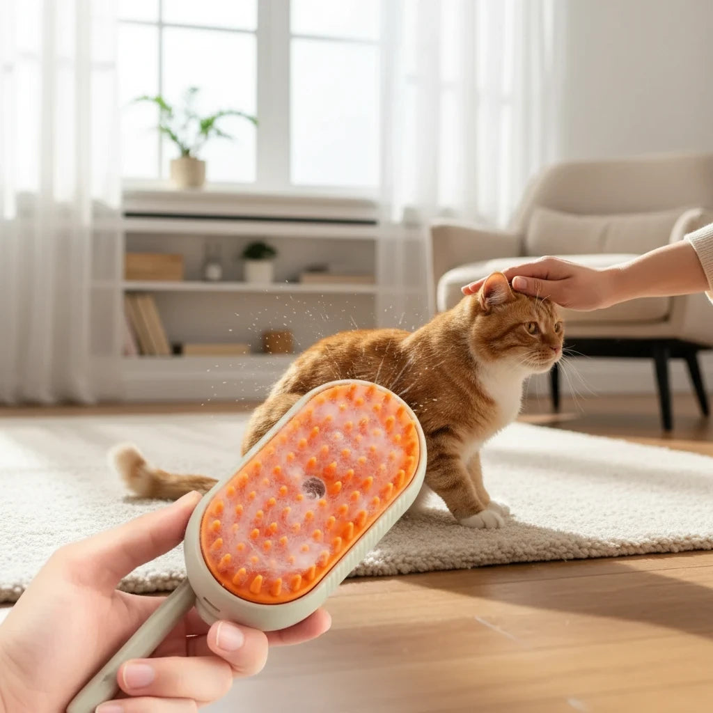 Tailora 3-in-1 steamy spray grooming brush with orange silicone bristles misting a cat for gentle deshedding