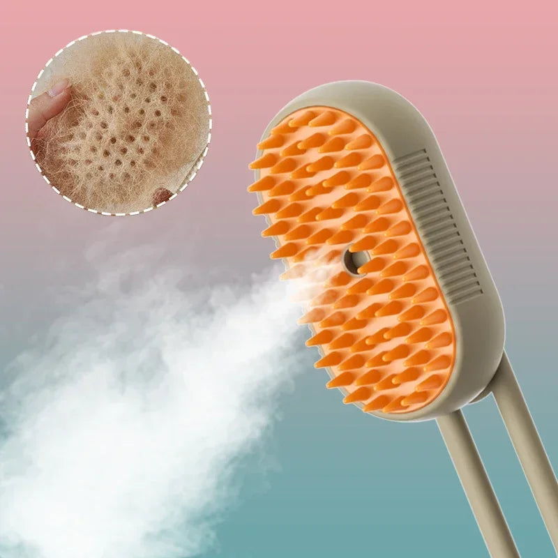 Tailora 3-in-1 steamy spray grooming brush with orange silicone bristles emitting nano-mist for pet deshedding