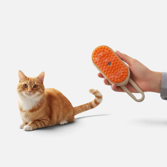 Tailora 3-in-1 steamy spray grooming brush with orange silicone bristles being held near an orange tabby cat