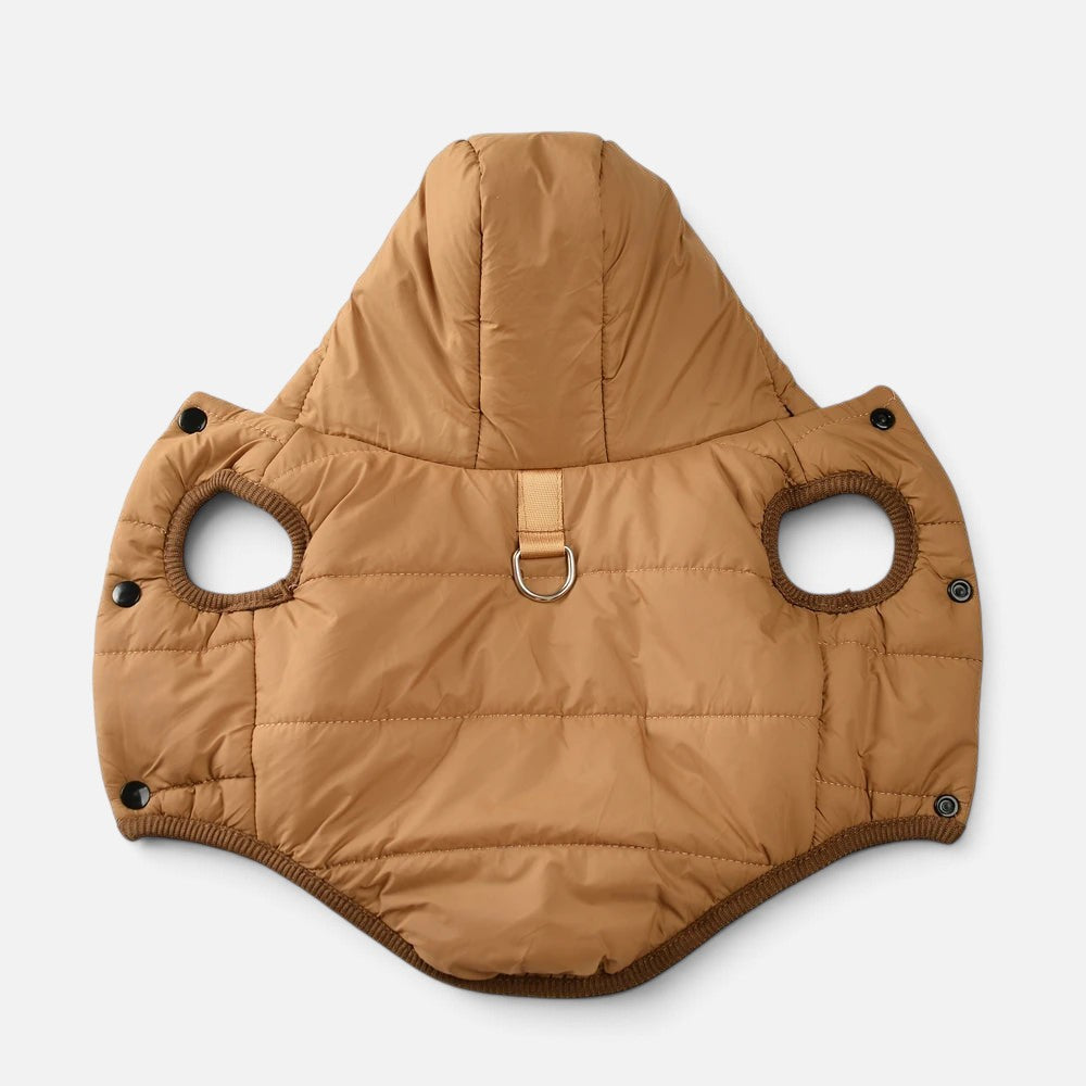 Tailora brown insulated dog hoodie with a hood, leash attachment ring, and snap-button closures for winter warmth.