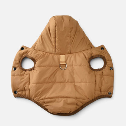 Tailora brown insulated dog hoodie with a hood, leash attachment ring, and snap-button closures for winter warmth.