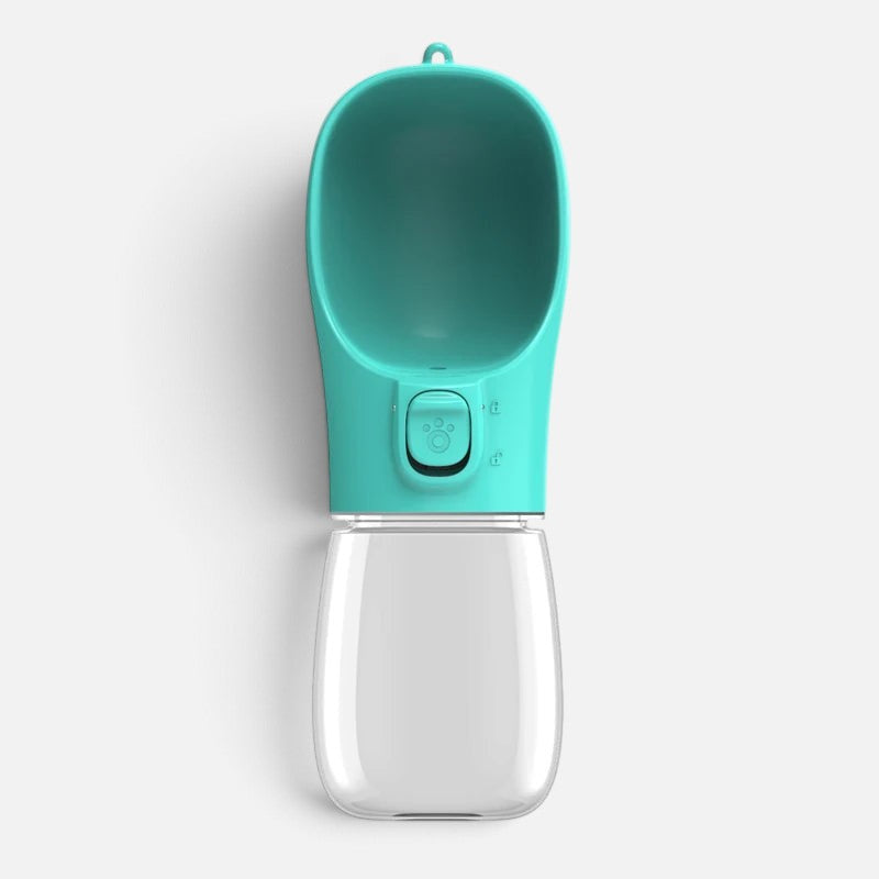 Tailora turquoise portable dog water bottle with a built-in drinking trough and one-hand lock button