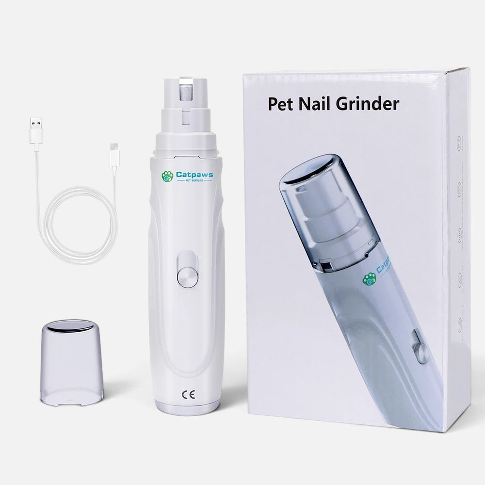 Tailora USB rechargeable pet nail grinder with white ergonomic body, diamond bit head, protective cap, and USB cable.