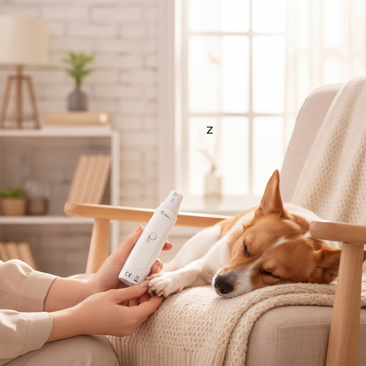 Tailora USB rechargeable pet nail grinder being used to gently trim the paw of a sleeping dog on a cozy chair