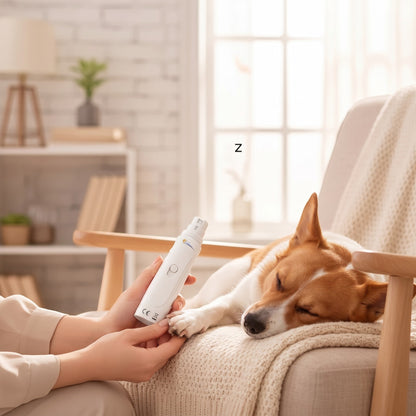 Tailora USB rechargeable pet nail grinder being used to gently trim the paw of a sleeping dog on a cozy chair