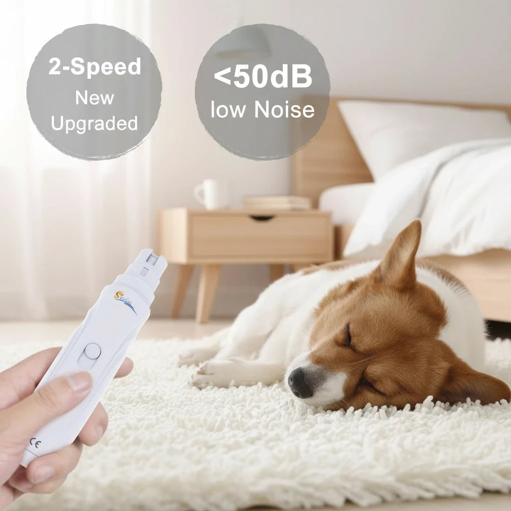Tailora USB rechargeable pet nail grinder with 2-speed settings and low noise motor held near a sleeping dog