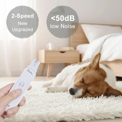 Tailora USB rechargeable pet nail grinder with 2-speed settings and low noise motor held near a sleeping dog