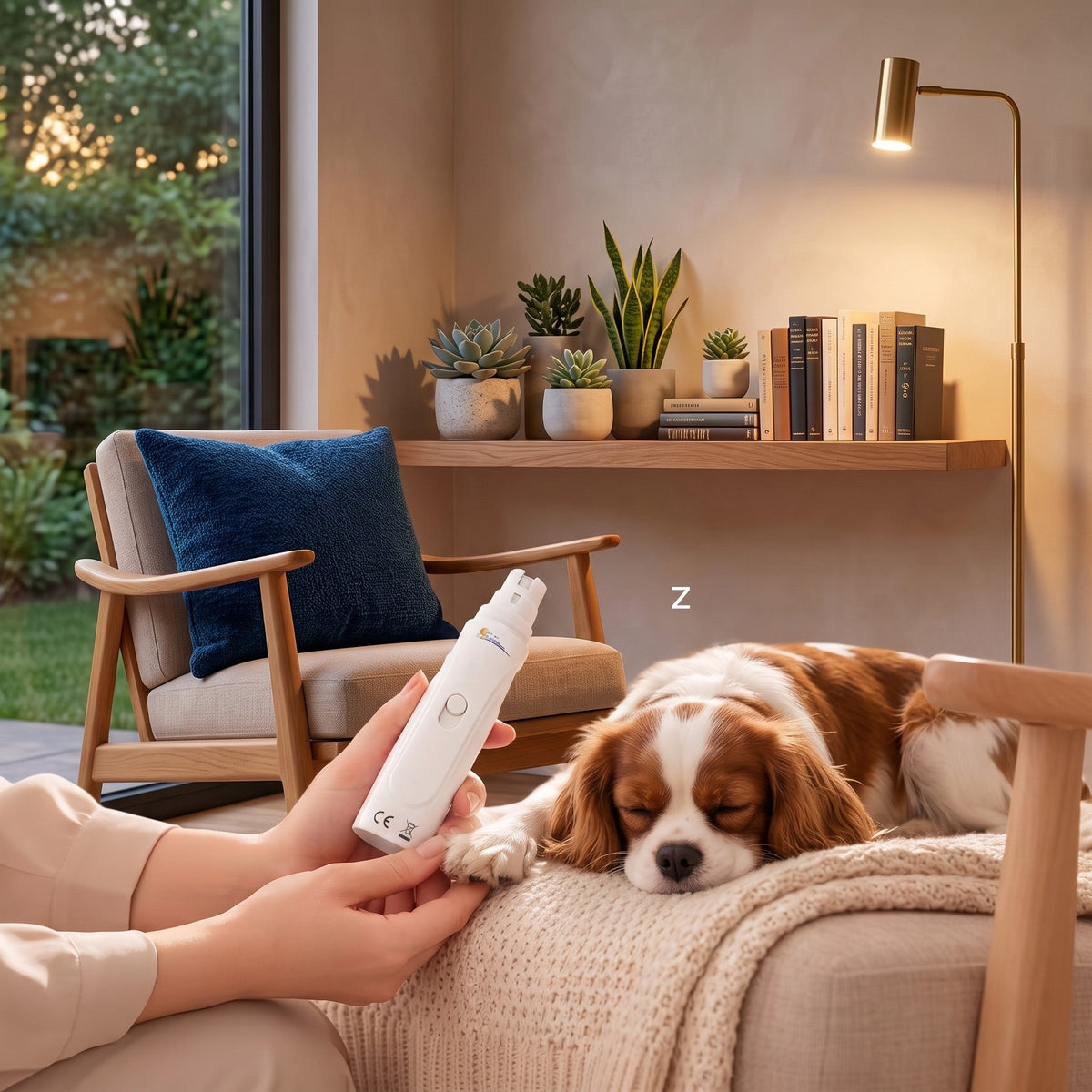Tailora USB rechargeable pet nail grinder being used to gently trim a sleeping dog's claws in a cozy living room.