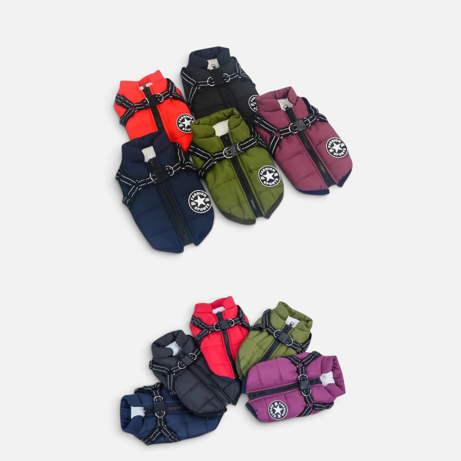 Tailora winter dog jackets with integrated harnesses in red, black, olive green, navy, and purple, featuring D-rings.