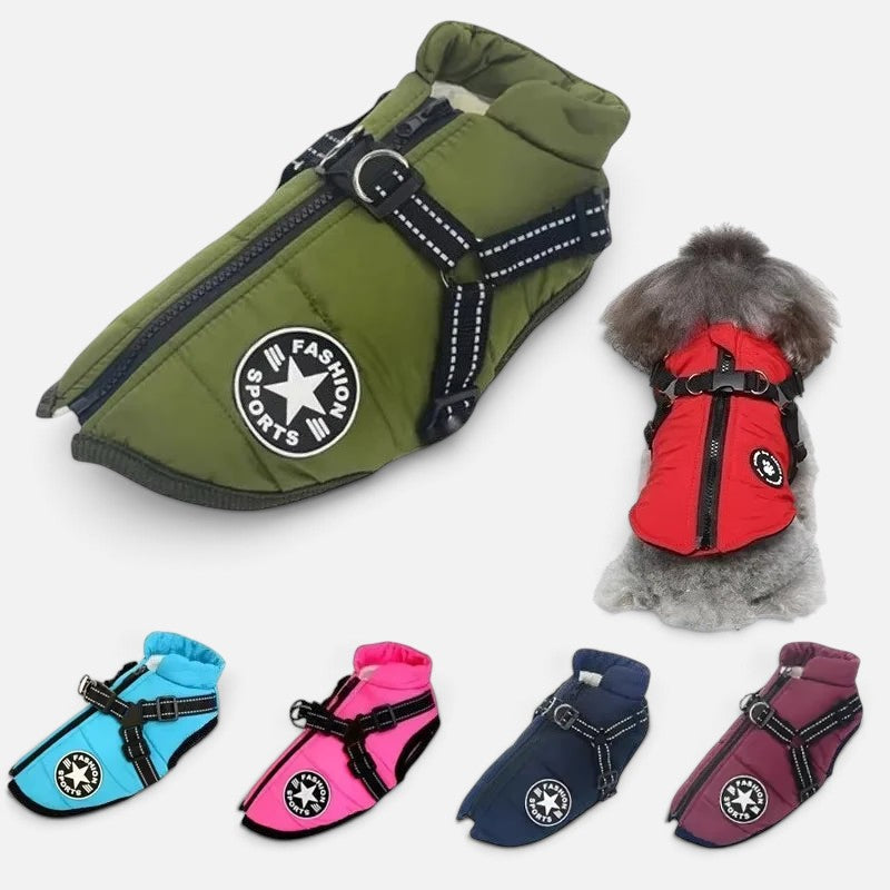 Tailora winter dog jacket with integrated harness, fleece lining, and reflective details in various colors.