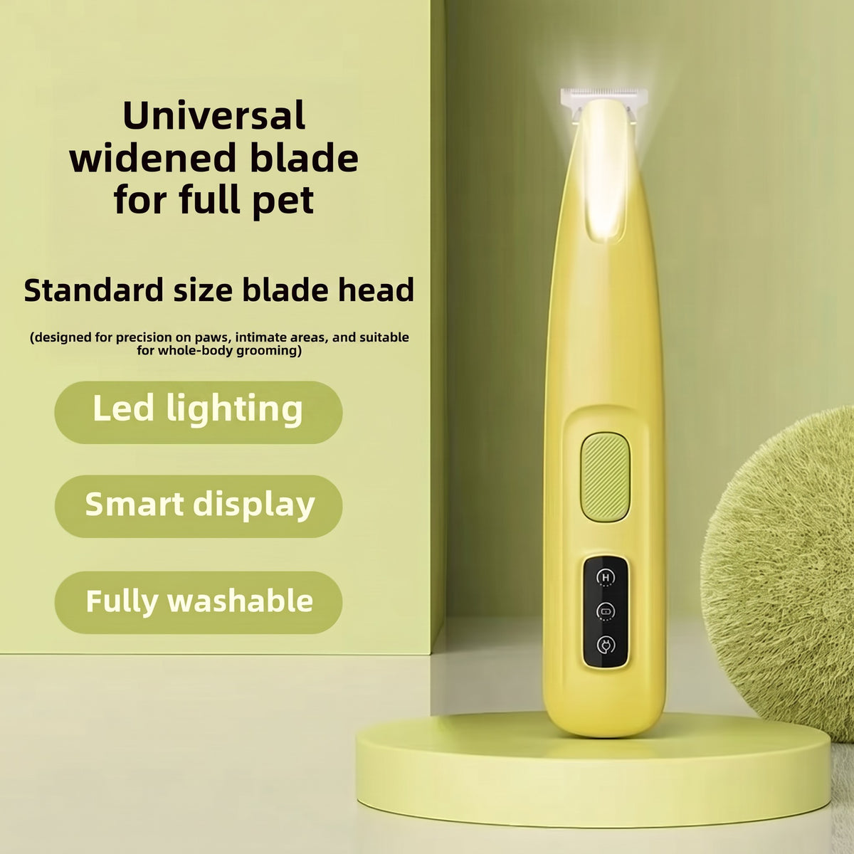 Tailora yellow cordless pet trimmer with LED light, smart display, and precision blade for grooming paws and ears.