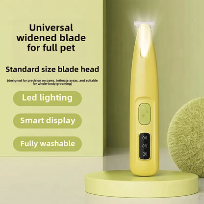 Tailora yellow cordless pet trimmer with LED light, smart display, and precision blade for grooming paws and ears.