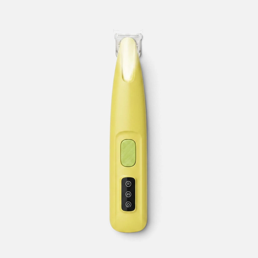 Tailora Precision Paw & Detail LED Trimmer in yellow with a narrow stainless steel blade and built-in spotlight.