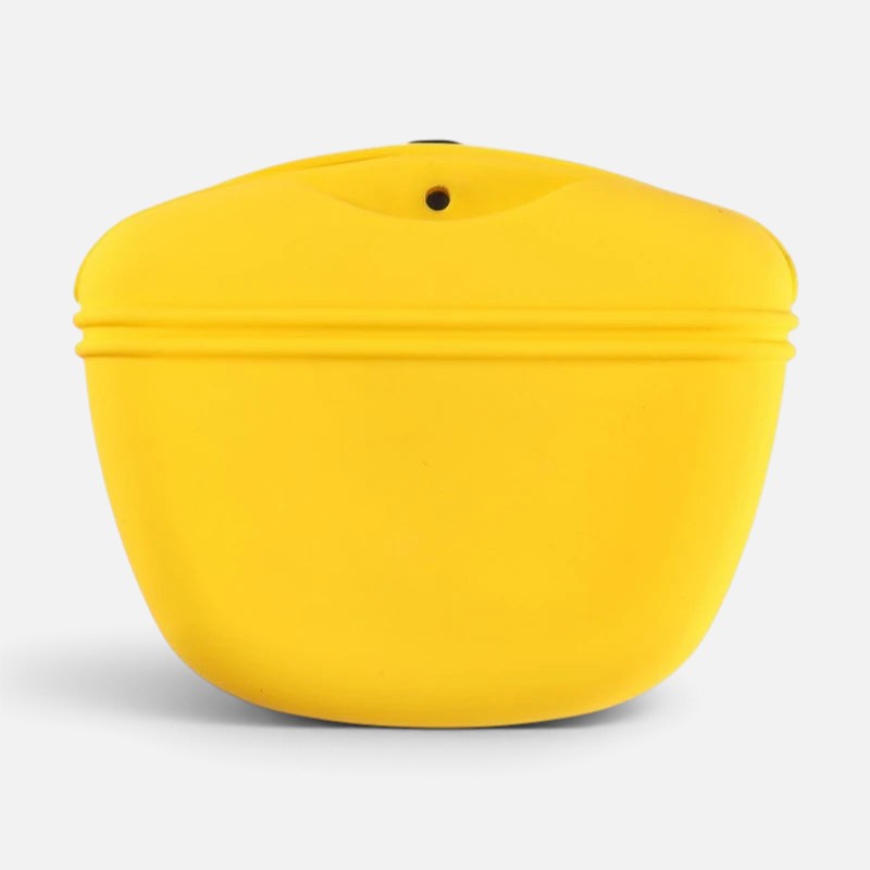 Tailora yellow silicone dog treat training pouch with a built-in waste bag dispenser port.